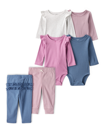 Baby Girl 6-Piece Multipack Bodysuits & Pull-On Pants Set - Multi, 