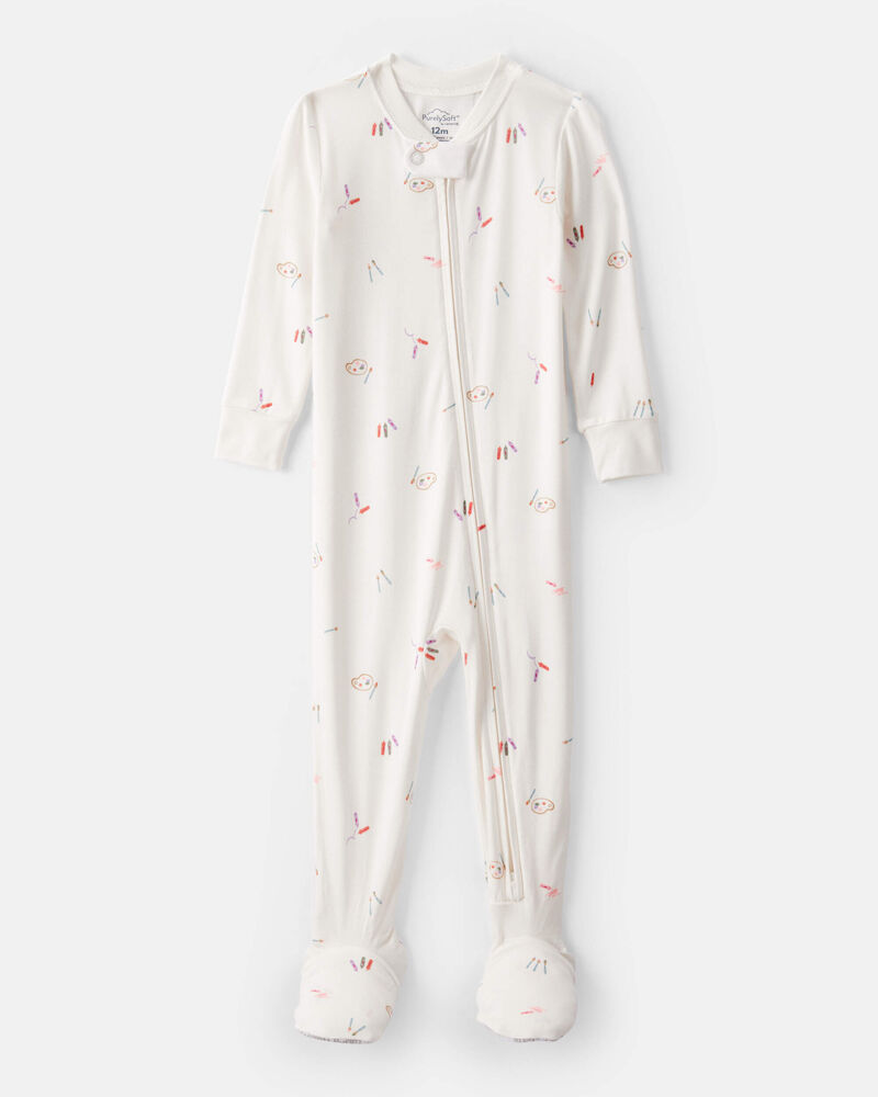 Baby Girl Painting & Coloring Print PurelySoft Long-Sleeve 2-Way Zip 1-Piece Pajamas - Ivory, image 1 of 6 slides