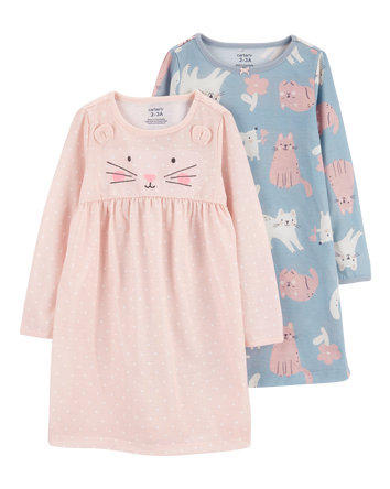 Girls 2-Pack Cat Nightgowns, 