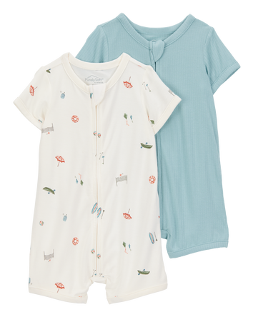 Baby Boy 2-Pack PurelySoft Zip-Up Rompers - Blue/Ivory, 