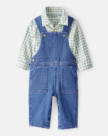 Baby Boy Checkered Print Bodysuit Overall Set - Blue/Green, 