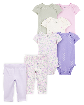 Baby 7-Piece Short-Sleeve Bodysuits & Pull-On Pants Set, 