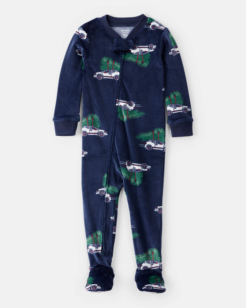 Toddler Christmas Cars DreamPlush Long-Sleeve Snug Fit 1-Piece Pajamas - Navy, image 1 of 3 slides