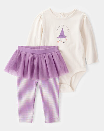 Baby Girl 2-Piece Halloween "Spooky Cute" Bodysuit & Tutu Pant Set - Ivory/Purple
, 