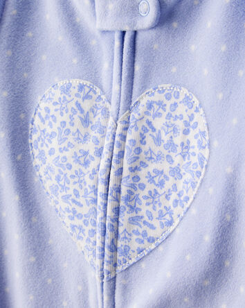 Baby Girl Heart Print Loose Fit Long-Sleeve 2-Way Zip 1-Piece Pajamas - Blue, 
