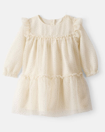 Baby Girl Sparkle Polka Dot Tulle Long-Sleeve Dress - Ivory, 