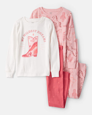 Girls Cowgirl Print 100% Cotton Long-Sleeve Snug Fit 4-Piece Pajamas - Pink, 