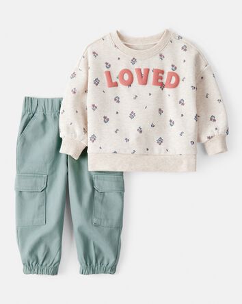 Baby Girl 2-Piece Fleece "Loved" Pullover Sweatshirt & Pant Set - Cream/Green, 