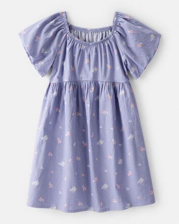 Girls Floral Print Short-Sleeve Cotton Dress - Blue, 