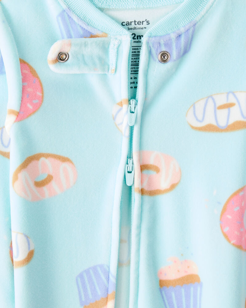 Baby Girl Donuts DreamPlush Long-Sleeve Snug Fit 1-Piece Pajamas - Blue, image 2 of 4 slides