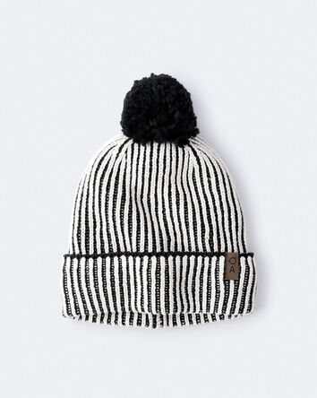 Toddler Neutral Striped Pom Pom Beanie - Black/White, 
