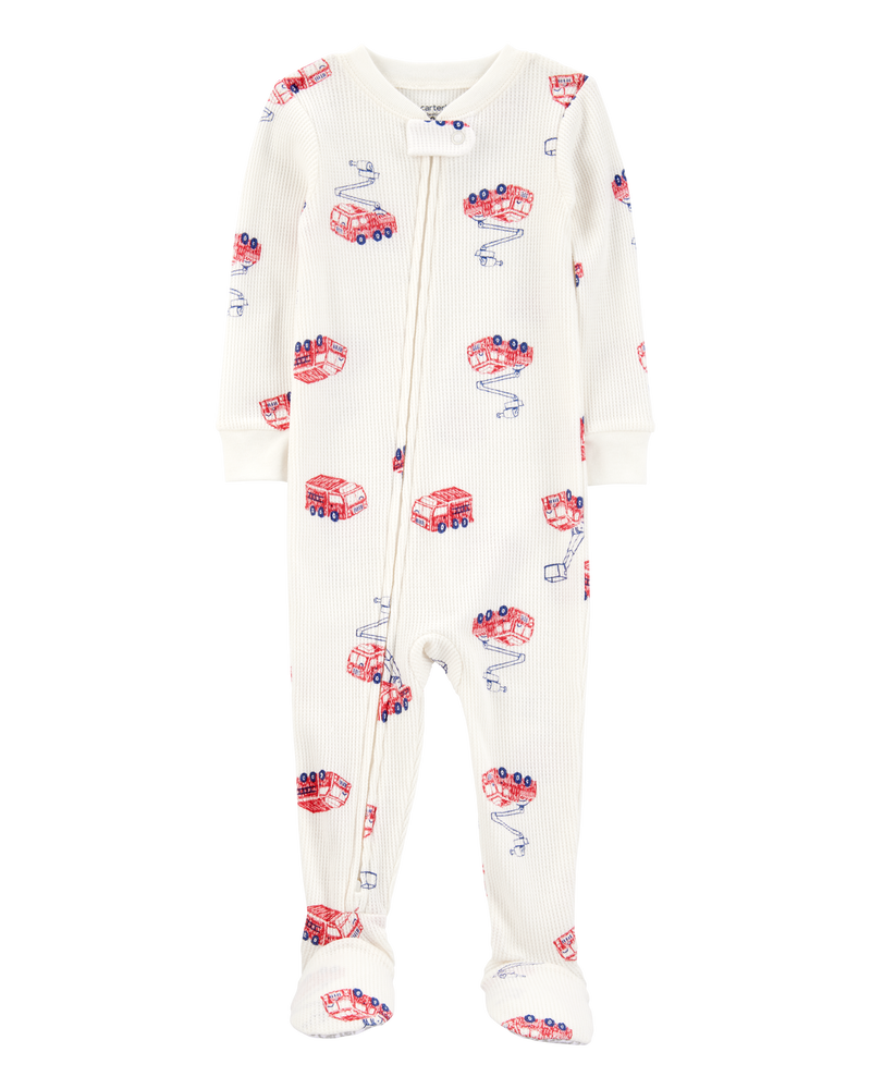 Toddler Boy Fire Truck Print Waffle Knit Footie 1-Piece Pajamas, image 1 of 4 slides