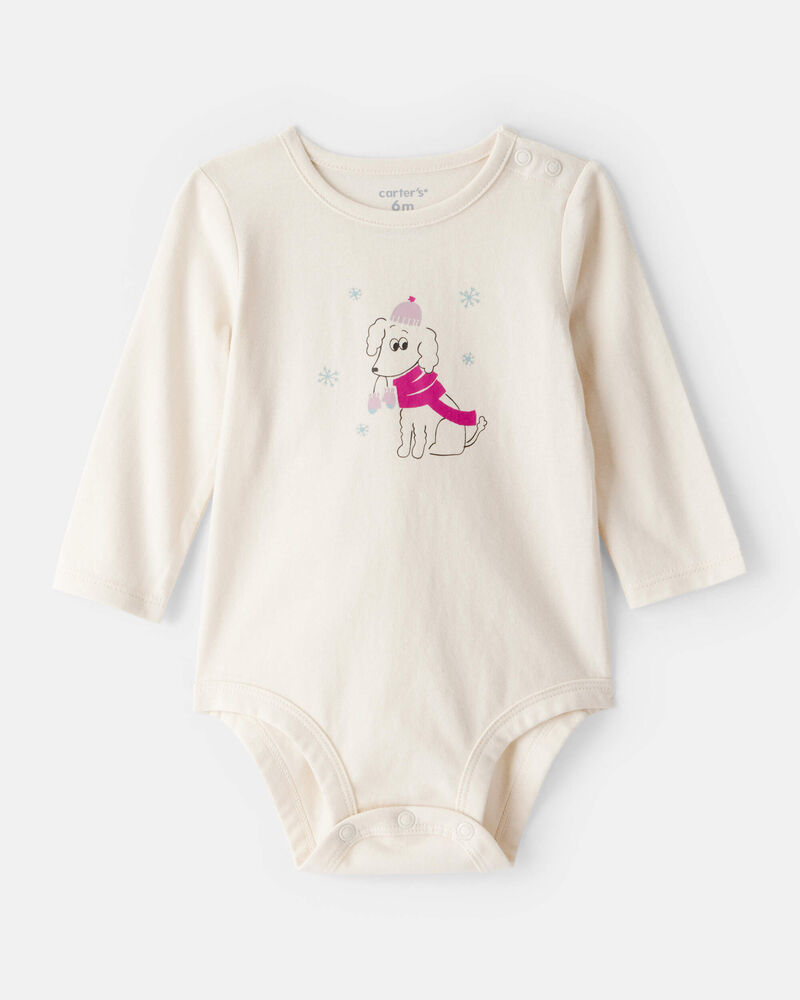 Baby Girl Dog Long-Sleeve Graphic Bodysuit - Cream, image 1 of 3 slides