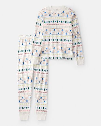 Adult Snowman Fair Isle 100% Cotton Long-Sleeve 2-Piece Pajamas - White, 
