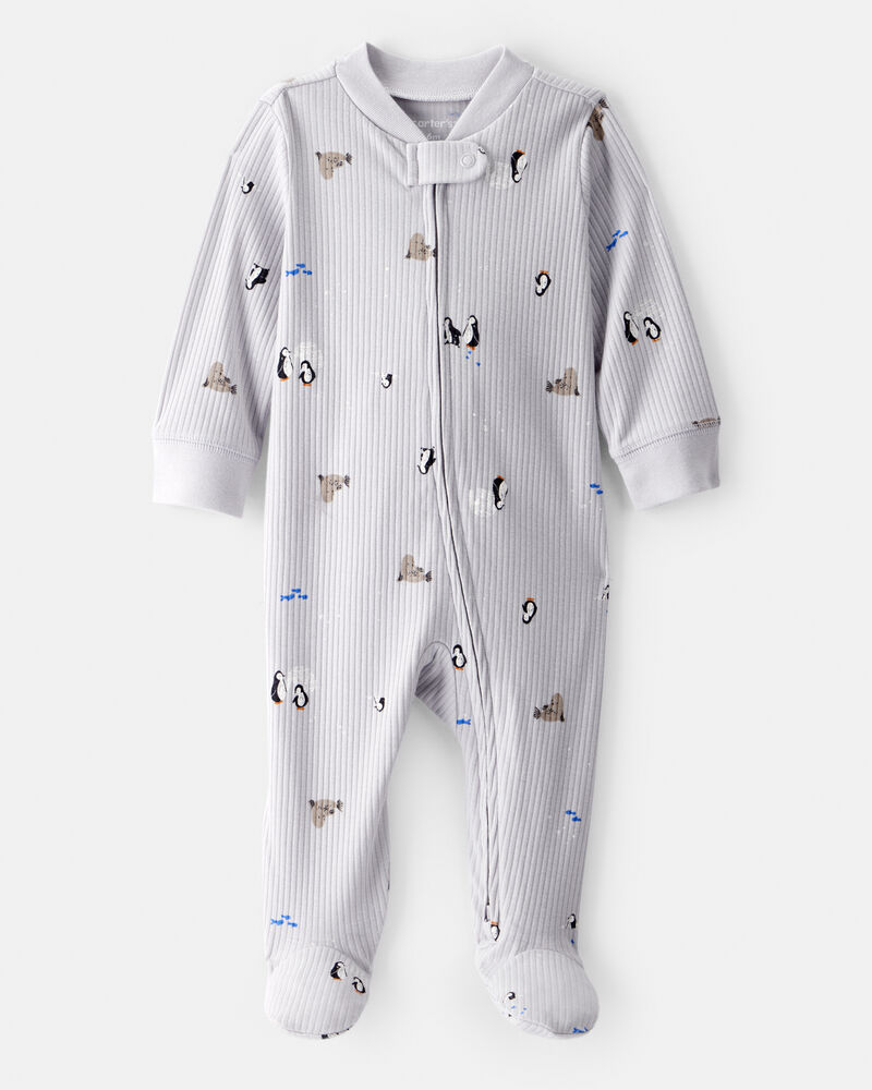 Baby Penguin Print Cotton Long-Sleeve Sleep & Play Pajamas - Grey, image 1 of 4 slides