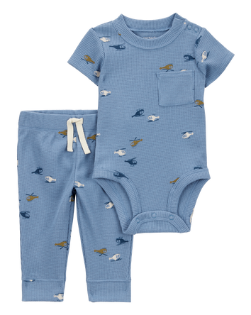 Baby 2-Piece Waffle Knit Bodysuit Pant Set - Blue, 