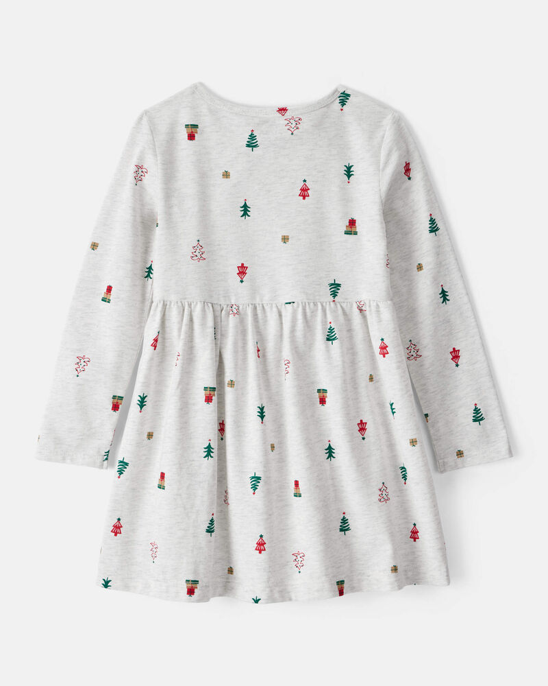 Toddler Girl Christmas Tree Print Long-Sleeve Dress, image 2 of 4 slides