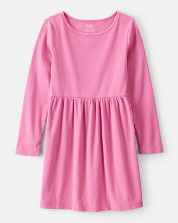 Girls Long Sleeve Cotton Dress - Pink, 