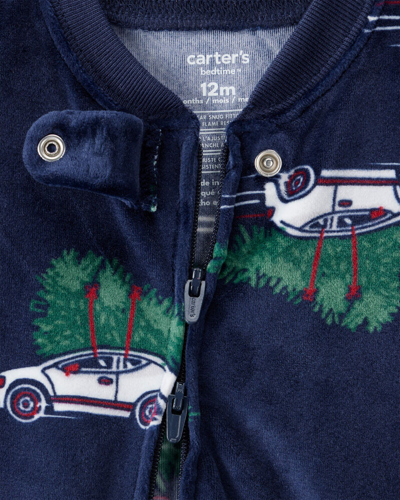 Baby Boy Christmas Cars DreamPlush Long-Sleeve Snug Fit 1-Piece Pajamas - Navy, image 2 of 4 slides