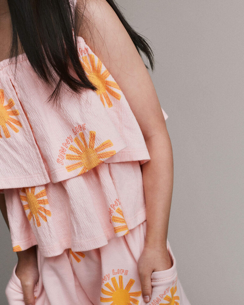 Toddler Girl Off Shoulder Flowy Top in Sunny Life Print - Light Pink, image 5 of 6 slides