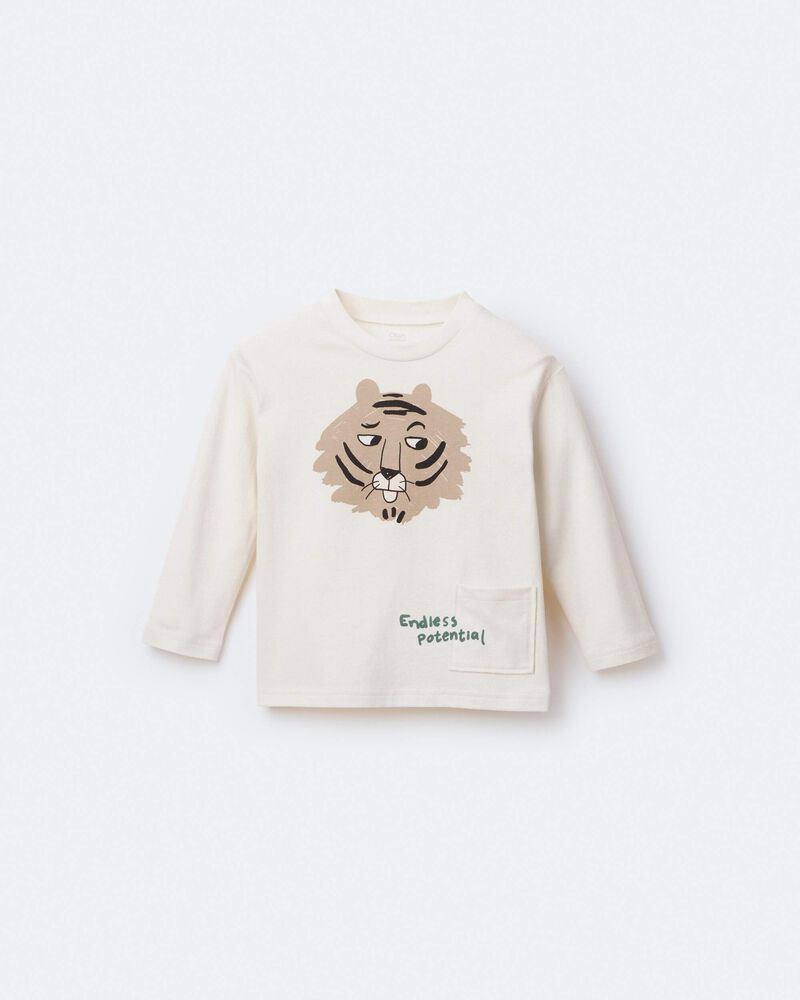 Toddler 'Endless Potential' Tiger Long-Sleeve Pocket Graphic Tee - Cream, image 2 of 7 slides
