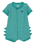 Baby Boy Dinosaur Striped Cotton Short-Sleeve Romper - Green, image 1 of 3 slides