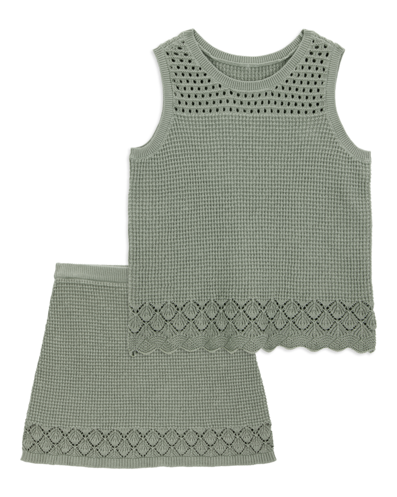 Kid 2-Piece Pointelle Sweater Crochet Knit Tank & Skirt Set - Green
, image 1 of 7 slides