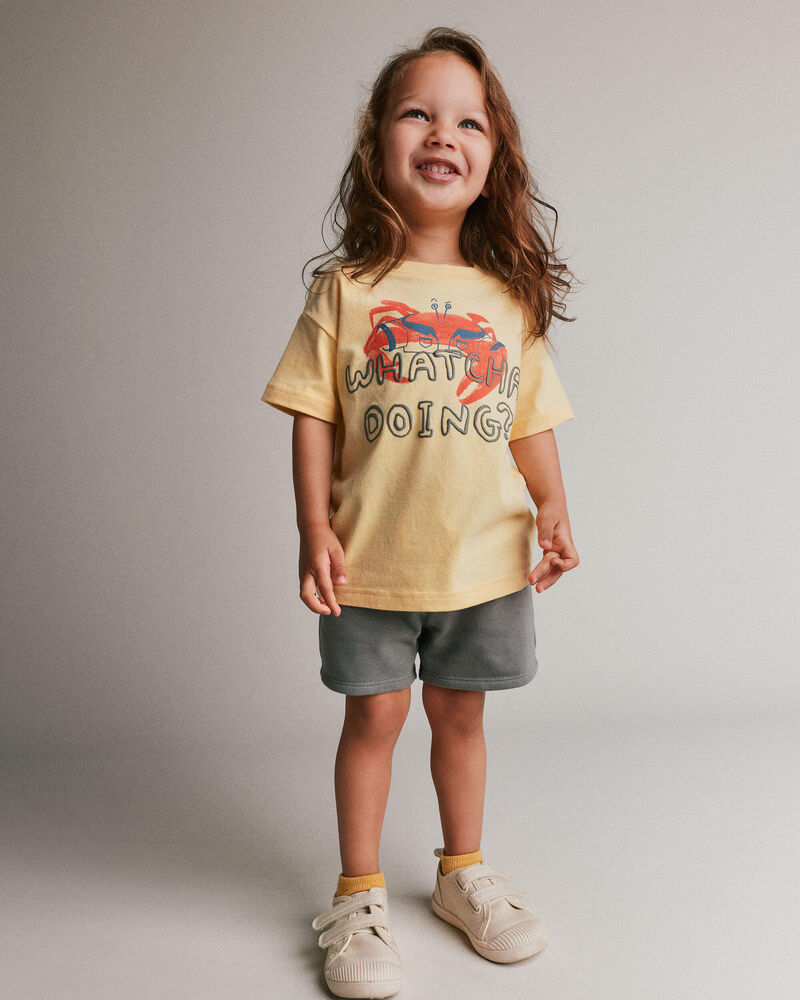 Toddler 'Whatcha Doing?' Relaxed Graphic Tee in Crab Print - Yellow, image 3 of 4 slides