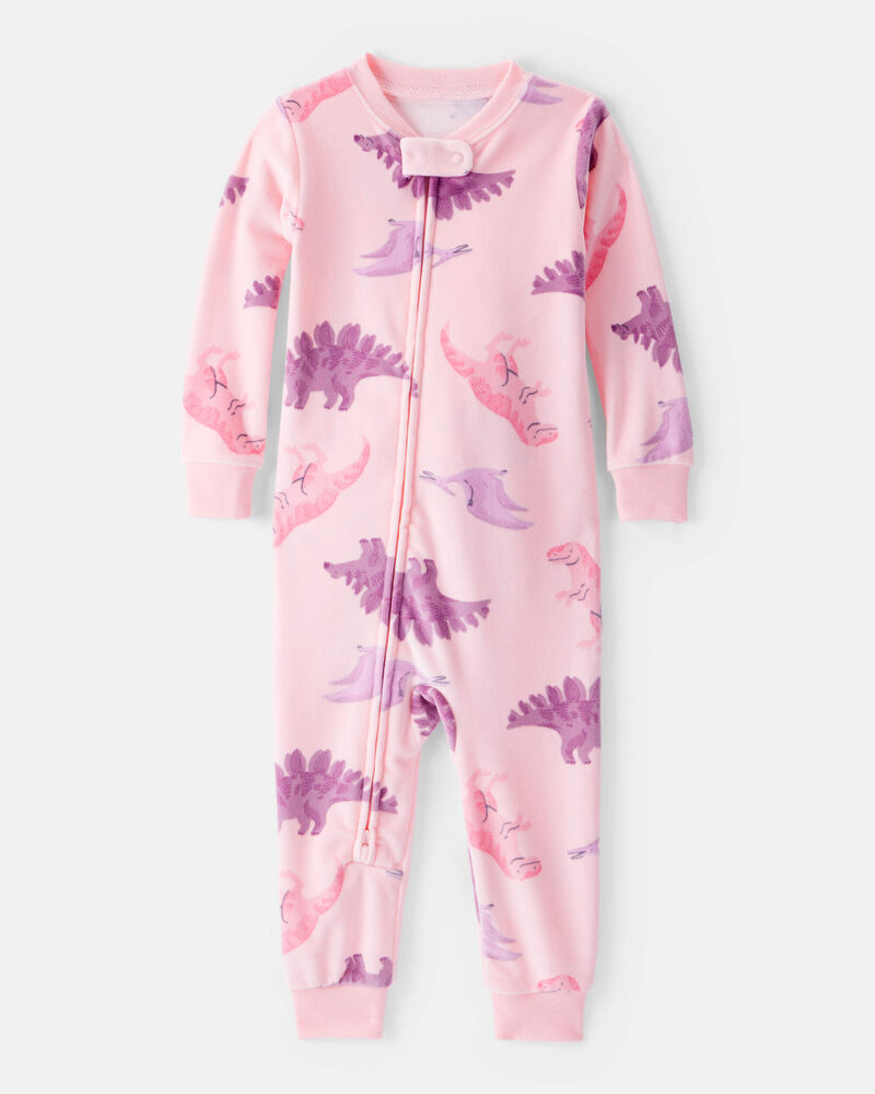 Baby Girl Dinosaur Print DreamPlush Snug Fit Long-Sleeve 2-Way Zip 1-Piece Pajamas - Pink, image 1 of 4 slides