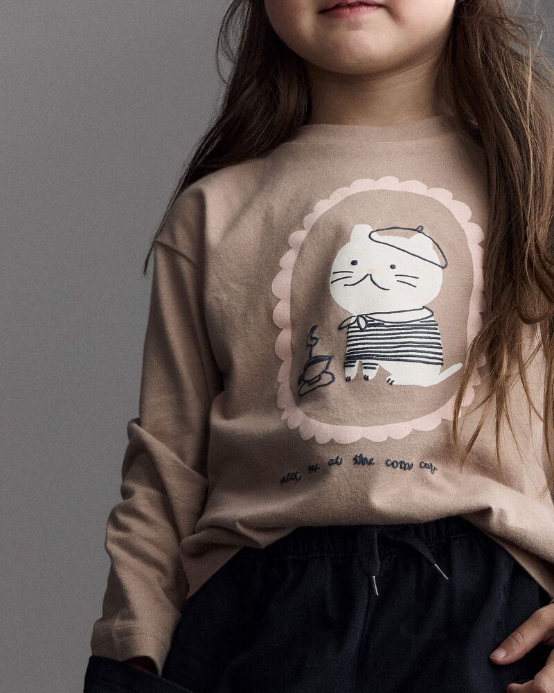 Toddler Girl Cocoa Cat Long-Sleeve Relaxed Graphic Tee - Tan, image 3 of 6 slides