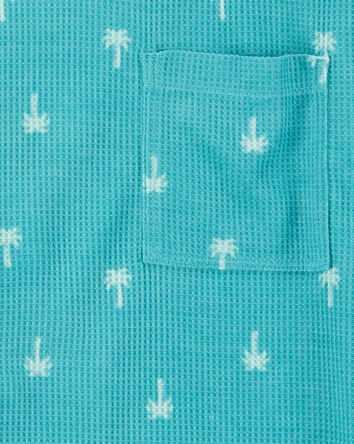 Boys Palm Tree Print Loose Fit Waffle Knit 2-Piece Pajamas - Turquoise, 