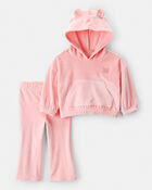 Baby Girl Bear Velour Hoodie & Pant Set - Pink, image 1 of 4 slides