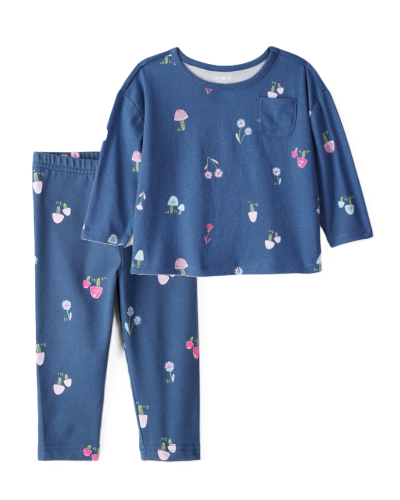 Baby Girl 2-Piece Floral Blue Top & Stretch Leggings Set - Blue, image 1 of 7 slides