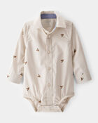 Baby Boy Poplin Acorn Print Long-Sleeve Bodysuit - Khaki, image 1 of 4 slides
