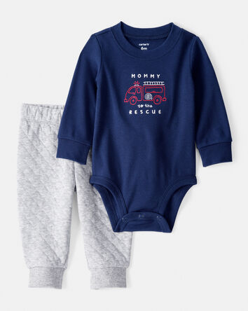 Baby Boy 2-Piece Firetruck Print Long-Sleeve Bodysuit & Pant Set - Blue, 