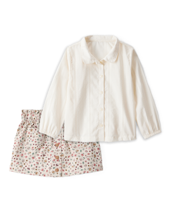 Toddler Girl 2-Piece Long-Sleeve Button-Down Top & Floral Print Cotton Skirt Set - Multi, 