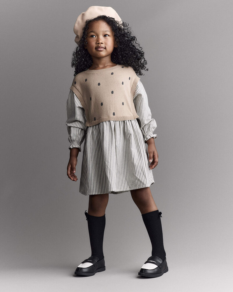 Toddler Girl Polka Dot Layered Sweater Long-Sleeve Dress - Brown/Cream, image 1 of 6 slides