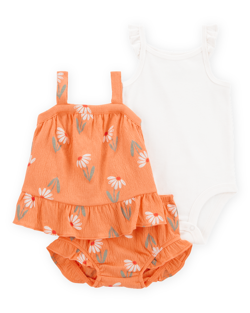 Baby Girl 3-Piece Floral  Outfit Set - Orange/White, image 1 of 6 slides