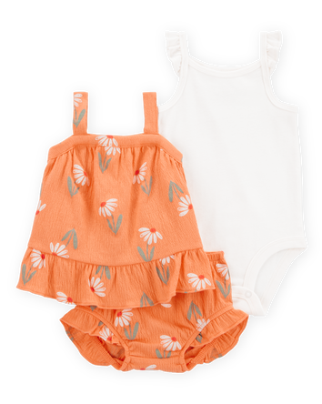 Baby Girl 3-Piece Floral  Outfit Set - Orange/White, 