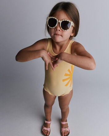 Toddler Girl Scalloped One-Piece Swimsuit in Sun Print - Yellow, 