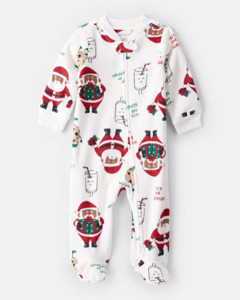 Baby Brown Santa Milk & Cookies Loose Fit Fleece Long-Sleeve Sleep & Play Pajamas - White, image 1 of 4 slides