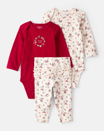 Baby Girl 3-Piece Floral Merry Cotton Bodysuits & Pant Set - White/Red, 