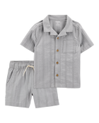 Toddler 2-Piece Seersucker Button-Down Shirt & Drawstring Shorts Set - Grey, image 1 of 9 slides