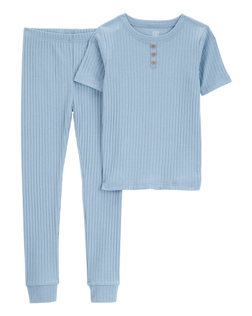 Kid Solid Ribbed Cotton Blend 2-Piece Pajamas - Blue, 