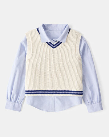 Kid 2-Piece Button-Front Shirt & Sweater Vest Top - Blue/White, 