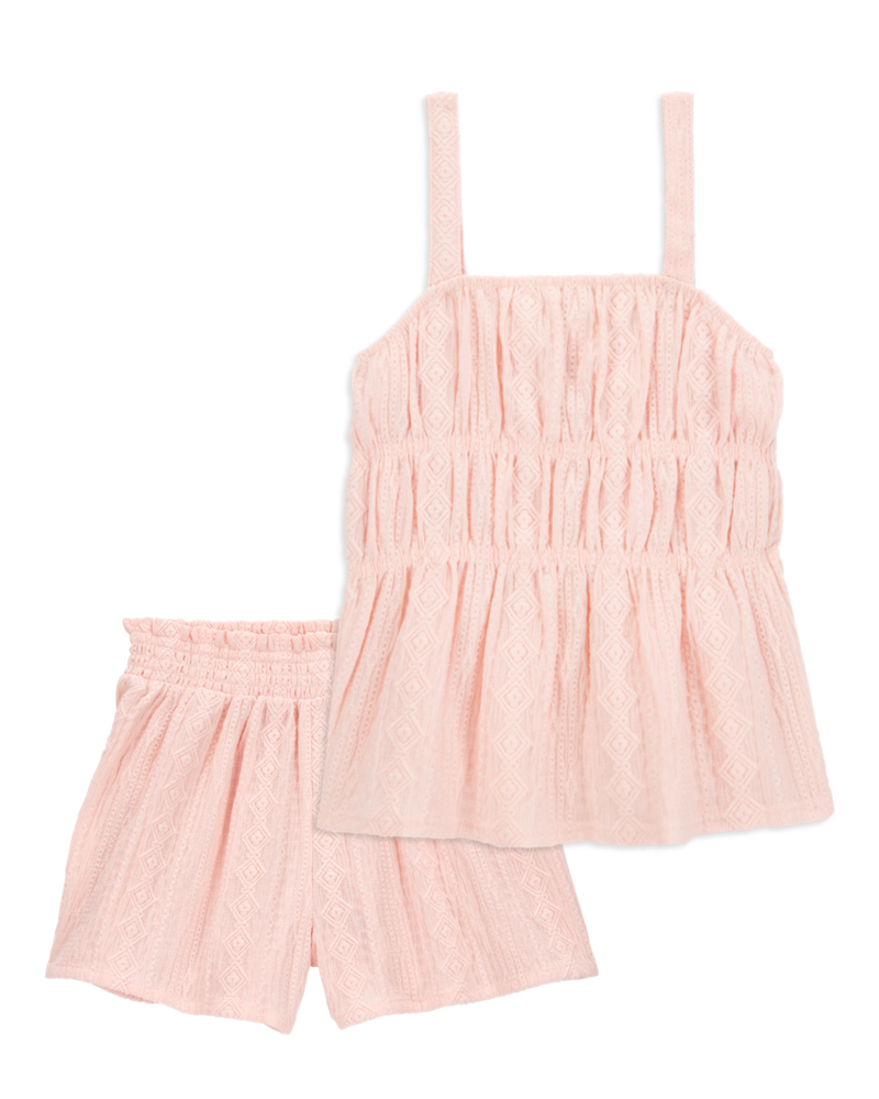 Kid 2-Piece Ruched Textured Tank & Pull-On Smocked Shorts Set - Pink, image 1 of 7 slides