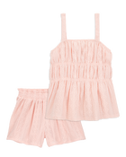 Kid 2-Piece Ruched Textured Tank & Pull-On Smocked Shorts Set - Pink, image 1 of 7 slides