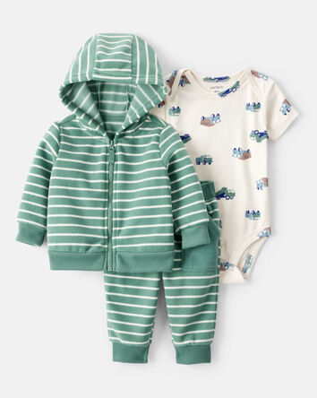 Baby Boy 3-Piece Construction Striped Print Hooded Zip-Up Jacket, Bodysuit & Pant Set - Green, 