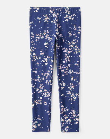 Girls Floral Cotton Pull-On Stretch Leggings - Navy, 