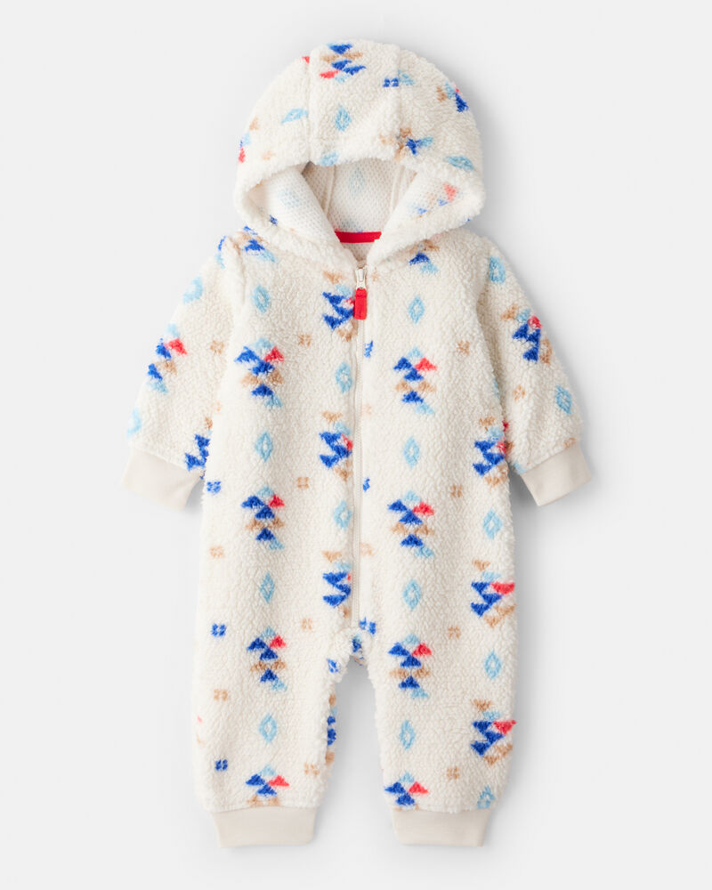 Baby Boy Aztec Sherpa Long-Sleeve Jumpsuit - Cream, image 1 of 4 slides